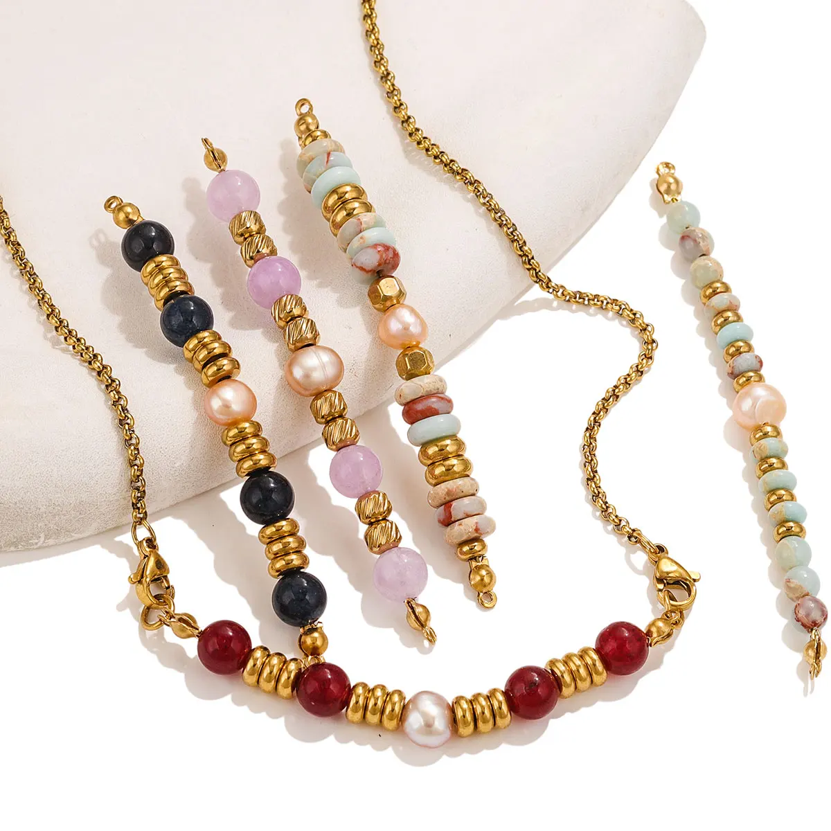 1Pcs Explosive Necklace Beaded Pendant PVDStainless Steel Beads + Shaped Natural Stone Combination Bead Strip DIY Charm Necklace