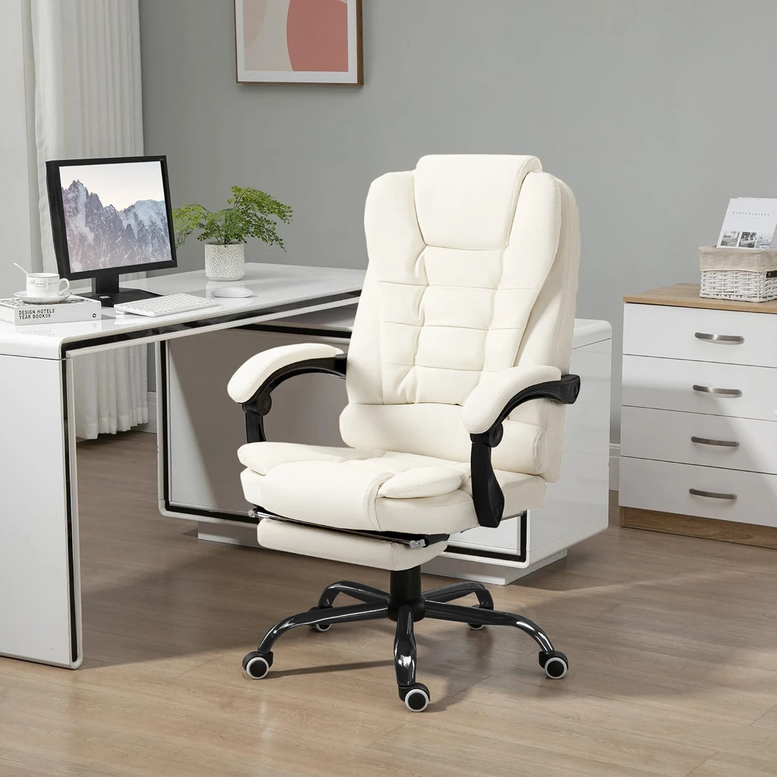 AnneFish High-Back Ergonomic Office Chair with Two Points Massage Desk Computer Chair with Padded Armrest PU Leather Swivel