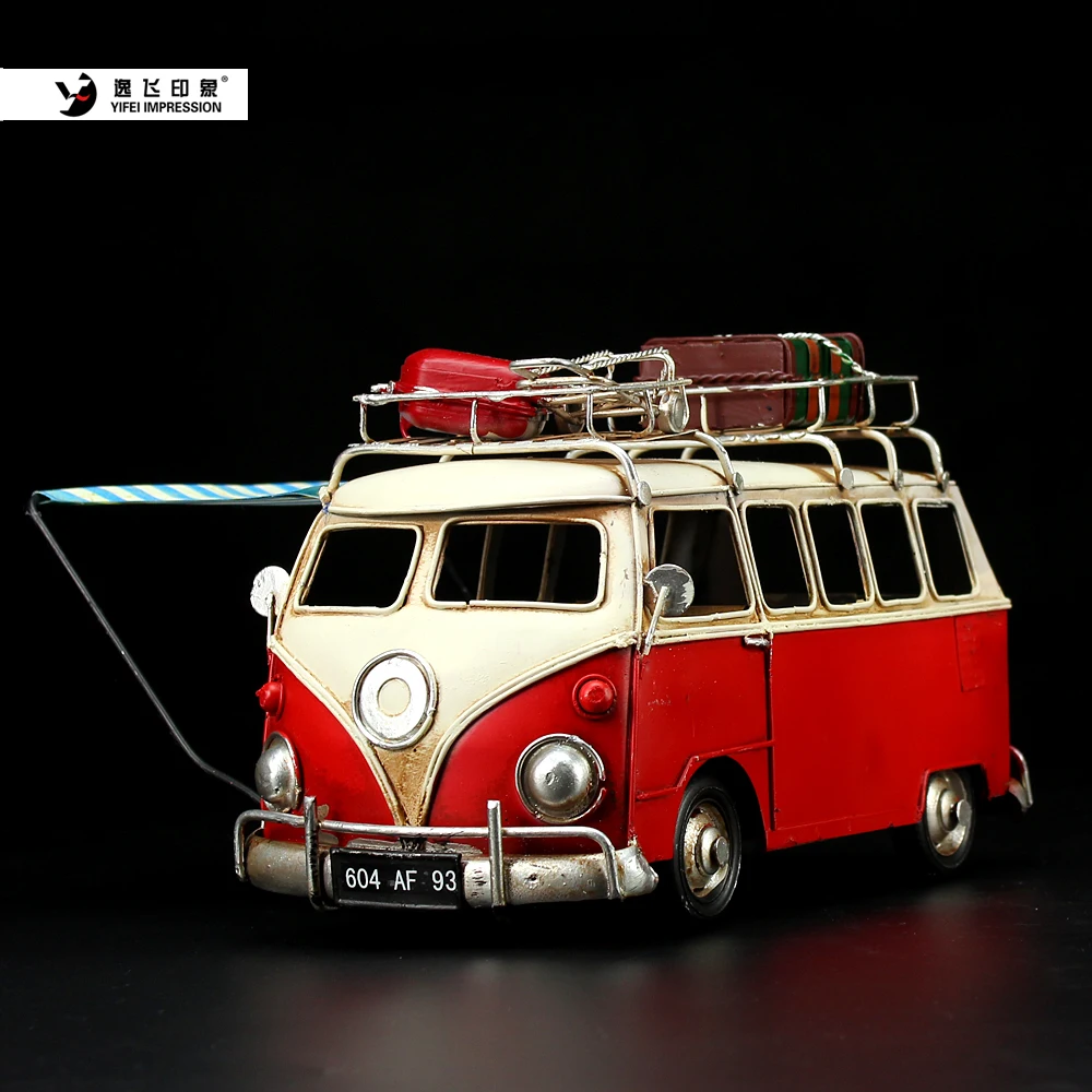 Vintage Metal Camper Van Decor  Retro Bus Figurine Handmade Iron Ornament for Desk Shelf & Home Decor Nostalgic Travel Accent