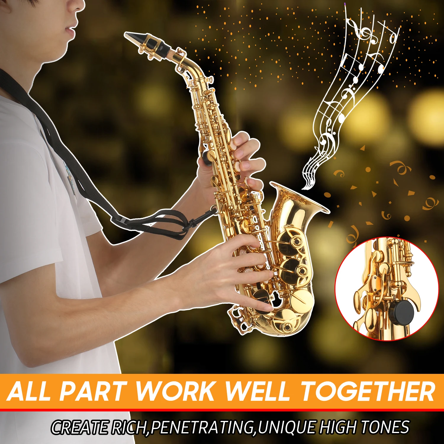 Bb Soprano Saxophone Gold Lacquer Brass Sax w/ Instrument Case Mouthpiece Neck Strap Cleaning Cloth Brush for Musicians Beginner