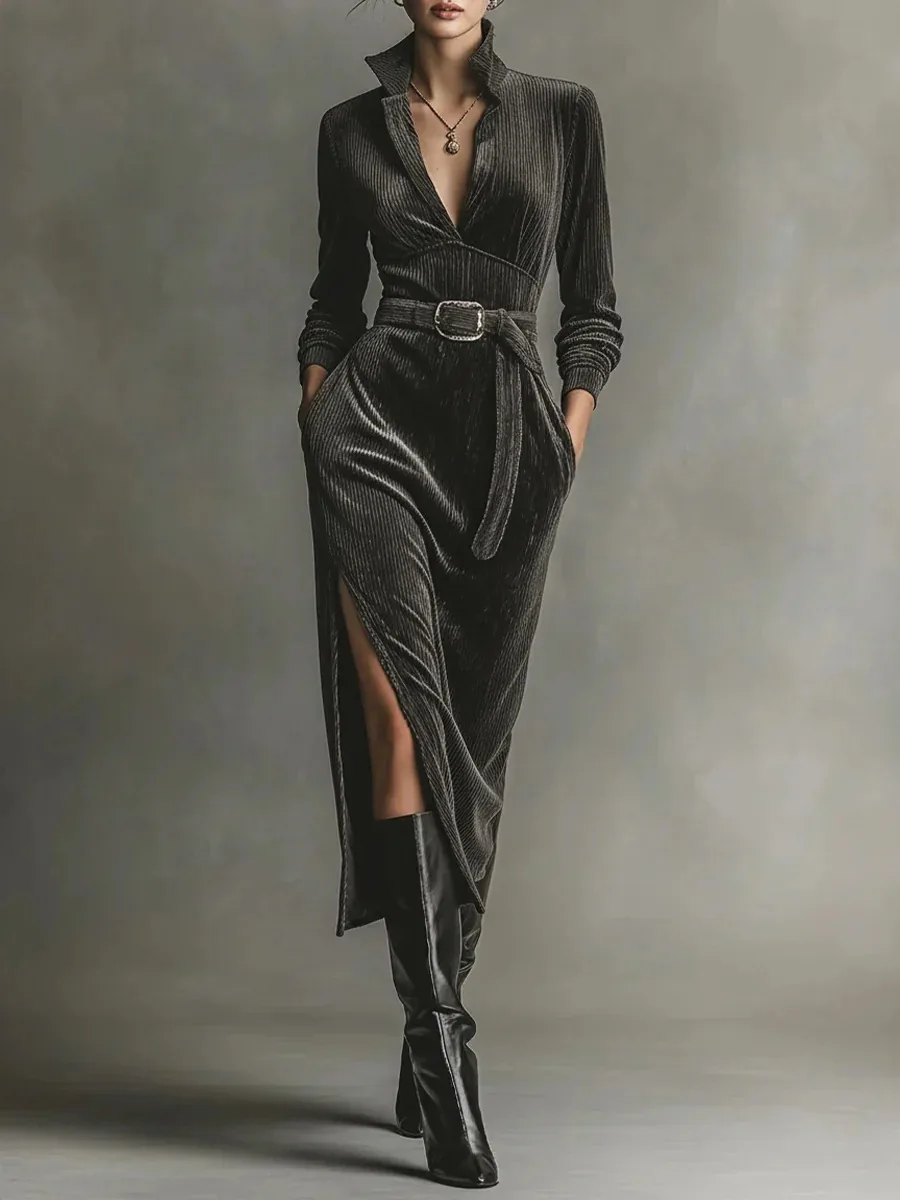 الرجعية المخملية الخامس الرقبة سليم نادي حزب اللباس موضة جديدة بلون الدانتيل متابعة فستان طويل الأكمام سيدة أنيقة عالية الخصر سبليت اللباس #1