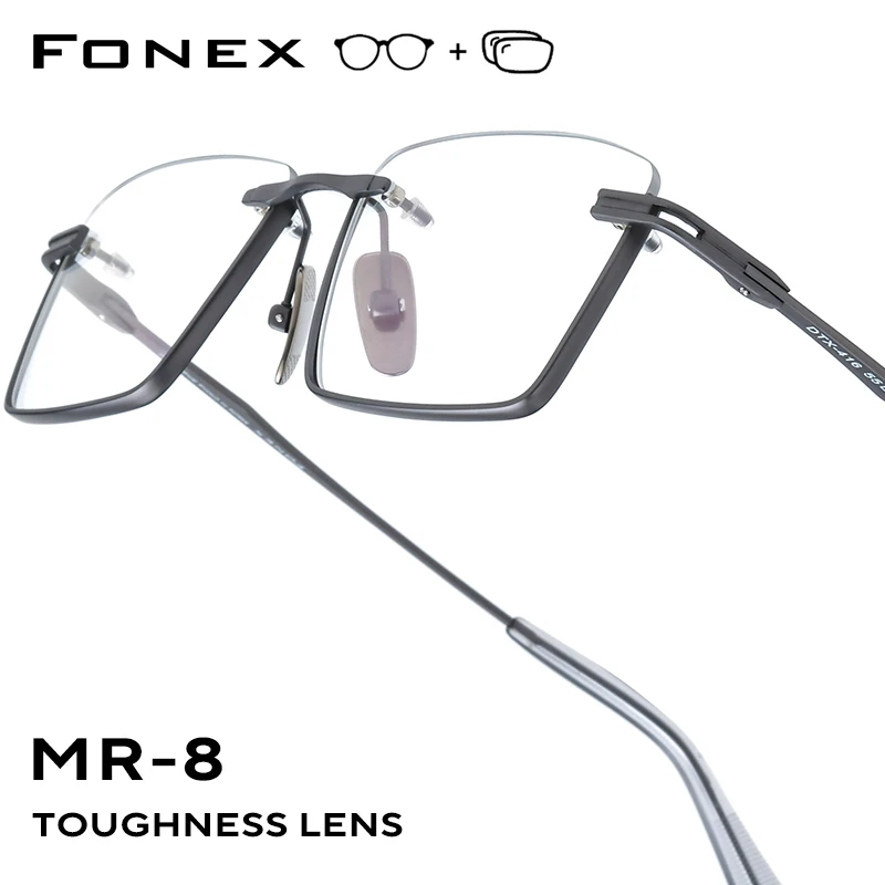 FONEX Progressive Prescription Glasses Myopia Optical Lens Eyewear Men Square Semi-Rimless Eyeglass Titanium Frames DTX416