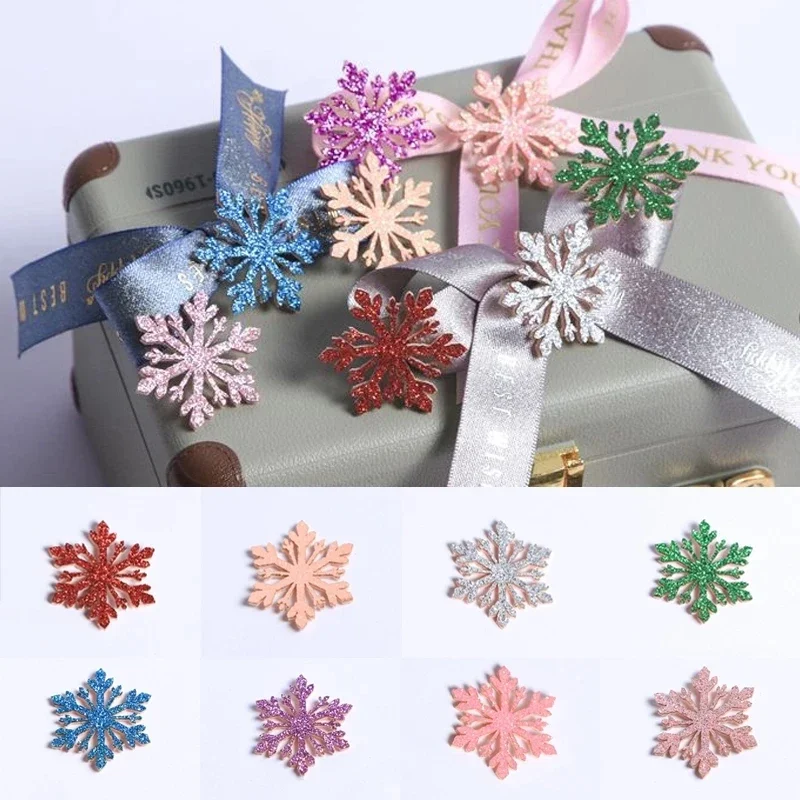 10pcs 34/36mm Glitter Christmas Snowflakes Shiny Gold Color Powder Cloth Appliques Wedding Patches Making DIY Craft