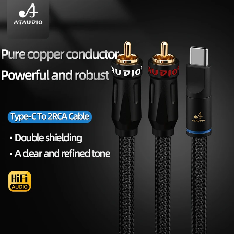 ATAUDIO HiFi Audio Cable Type-C to 2 RCA Male Cable 6N OFC Pure Copper Conductor for Mobile Phone Power Amplifier