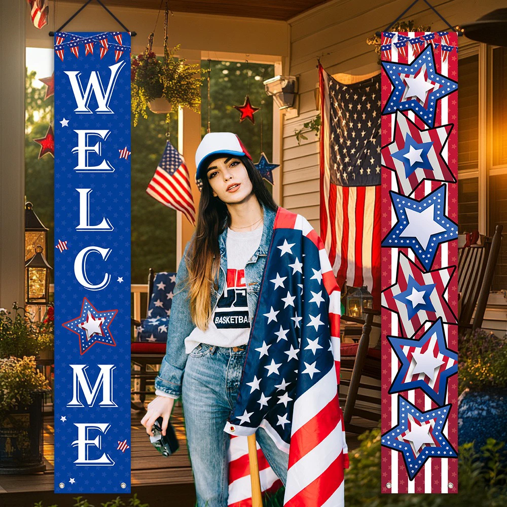 Patriotic Welcome Door Banner, American Flag Star Curtain for Independence Day 4th of July Front Porch Decor - Detail 1