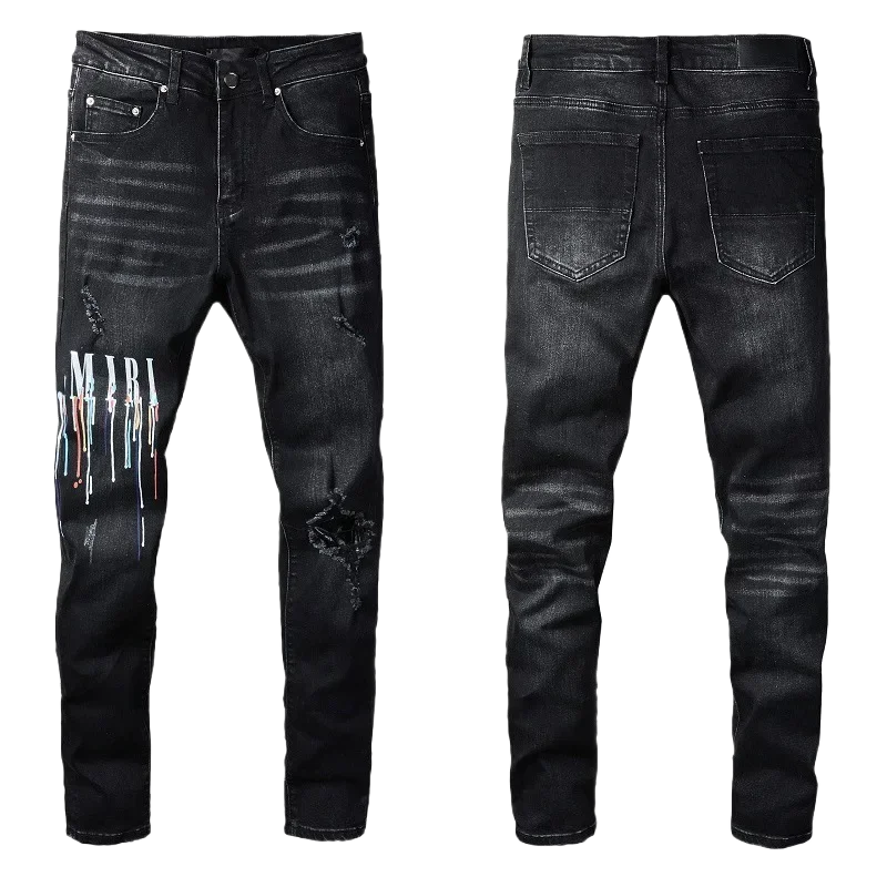 European and American fashion street spray painted colorful letters denim cotton casual pants black youth tight jeans