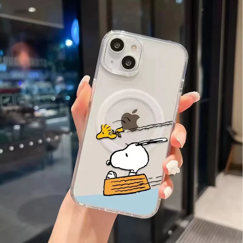 Funda de carga inalámbrica S-Snoopy con borde de silicona transparente para iPhone 17 Air 16 E 15 14 Plus 13 12 Mini 11 Pro Max