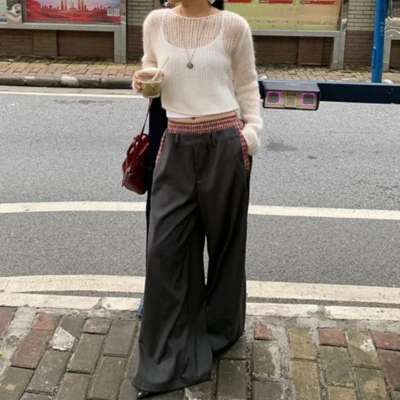 Deeptown Vintage Baggy Woman Pants Casual Harajuku Korean Fashion Wide Leg Trousers High Waist Office Lady Patchwork Pantalones