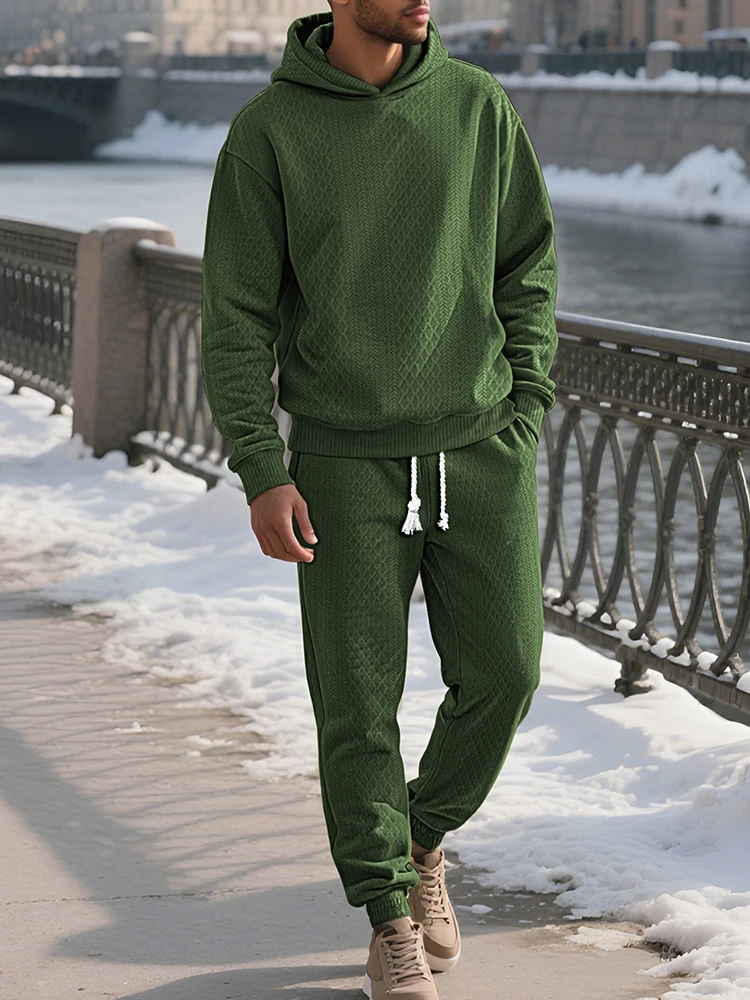 Chándales para deportes al aire libre para hombre, sudaderas con capucha y pantalones de manga larga con textura a la moda, trajes de dos piezas, trajes informales para Otoño e Invierno para hombre