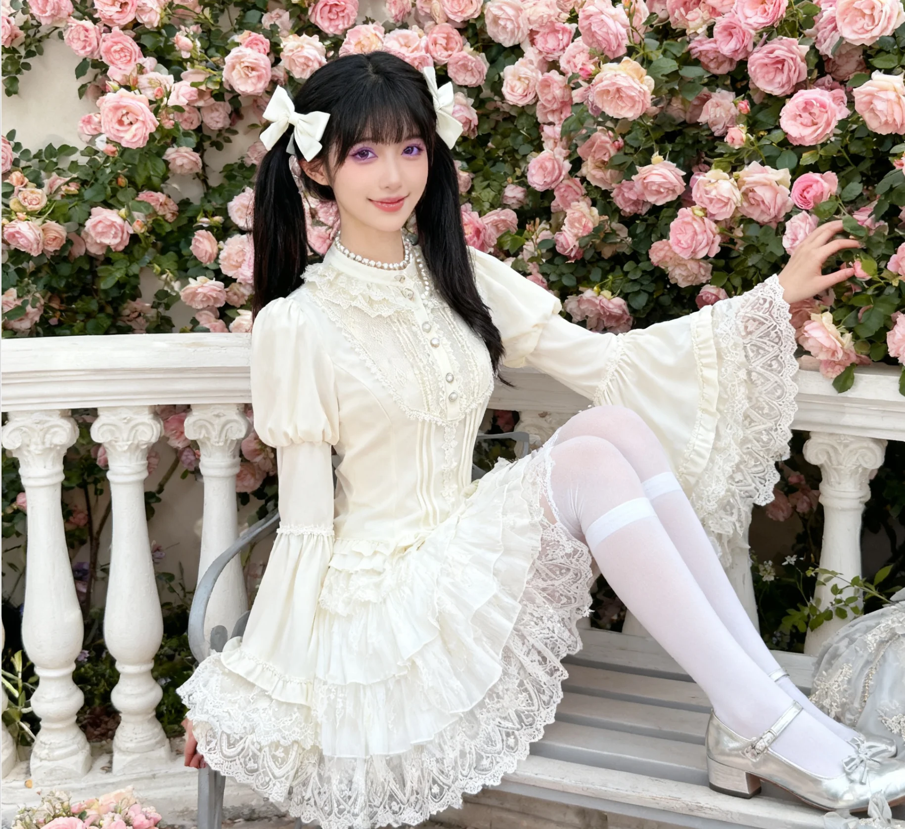 Original Lolita Gothic Flare Sleeve Women Blouses Elegant Stand Collar Long Sleeve Shirts Single-breasted High Waist Fairy Tops