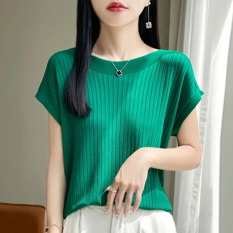 

2025 Fashion Slash Neck Women Sweater Ice Silk Spring Summer Knitted Sweater Loose Casual Korean Shirts Short Sleeve Knitwears