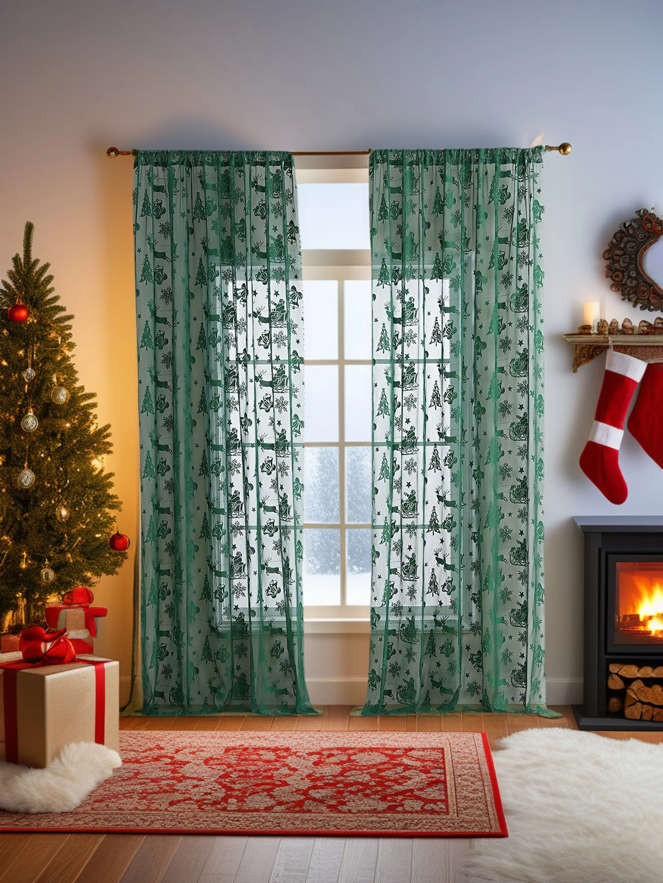 1PC Christmas Bell Lace Curtain Rod Pocket Farmhouse Living Room Holiday Decorative Curtain