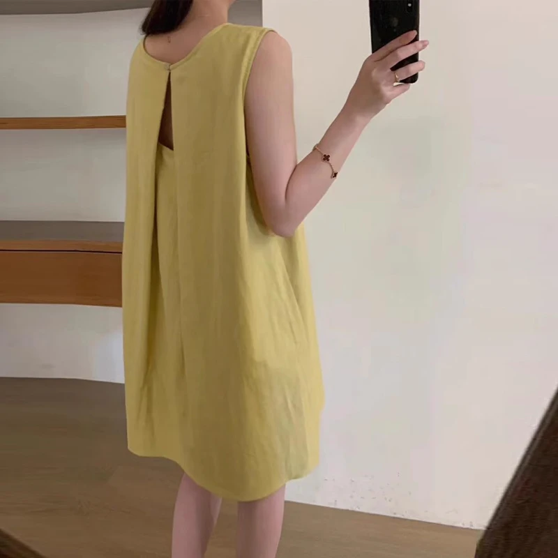 Korean Fashion Sexy Hollow Sleeveless Simple Casual Dresses for Women 2024 Summer Vacation Solid O Neck Loose Beach Mini Dress