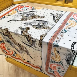 High-end Elegant Women Fine Leopard Double-sided Different Colors Print Quality Silk Wool Hand-rolled Edge Large Scarf Shawl