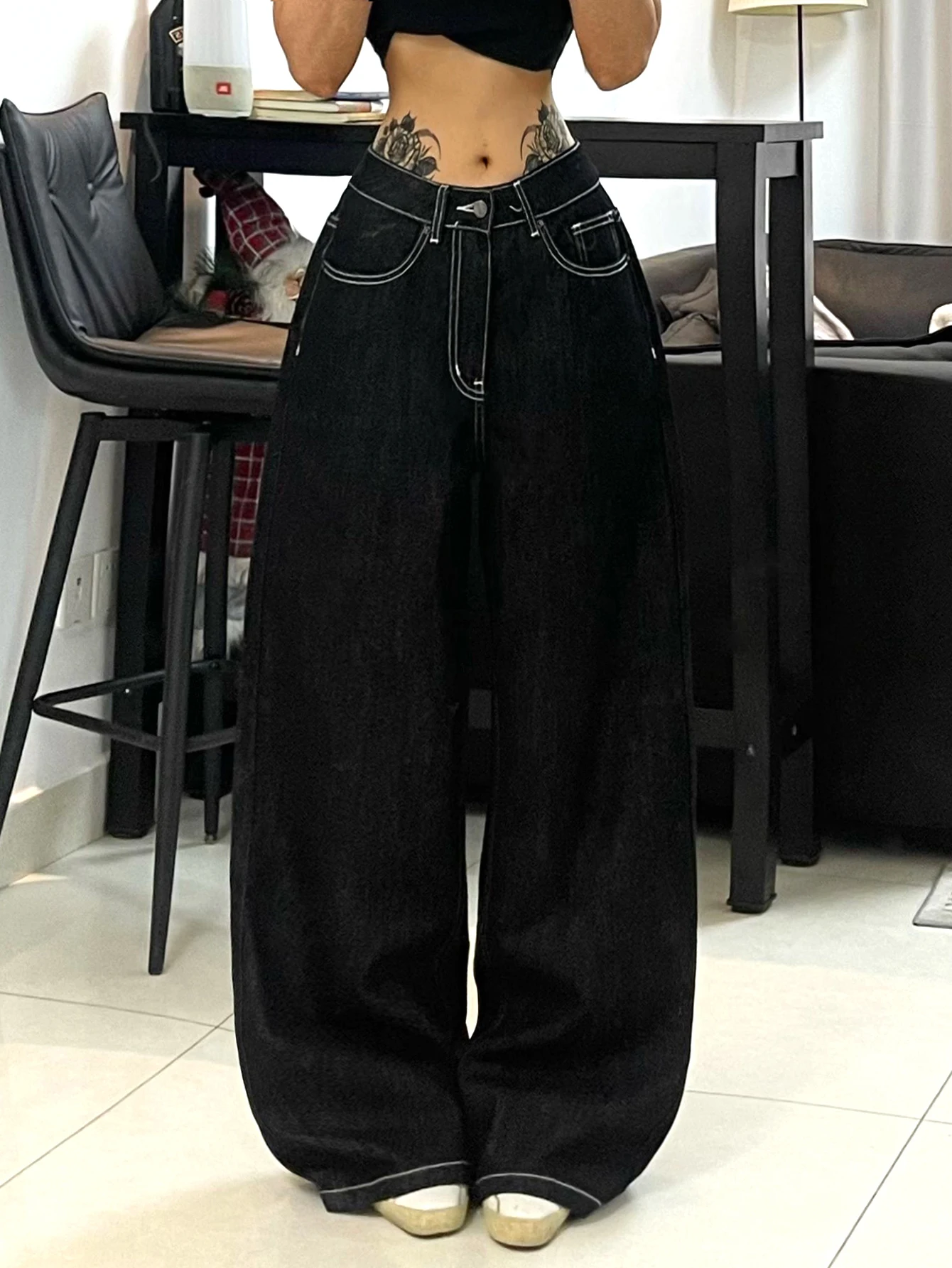 American Letter Embroidered Baggy Jeans Women, Simple Street Fashion Wide-Leg Pants, Slim Black Versatile Trousers
