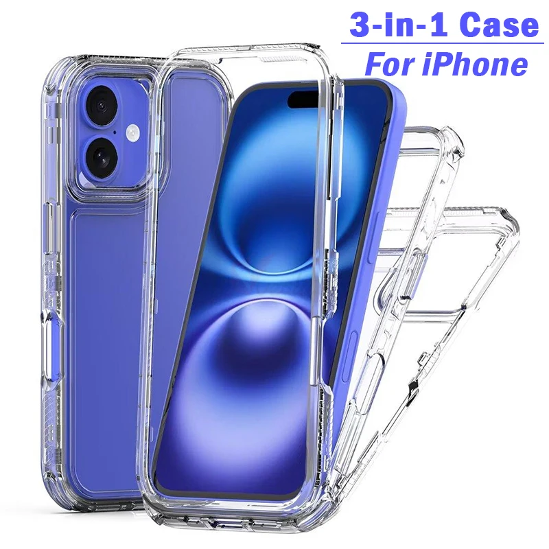 Transparent Shockproof Hard Acrylic 3in1 Soft Silicone Case for iPhone 16 Pro Max Bumper Cover for iPhone 15 14 Plus 13 12 11