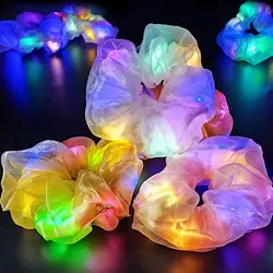 1pcs LED Light Up Scrunchies Double-layer LED Scrunchy Hair Ties Glow in The Dark Party Supplies Women Girls Neon Party Gifts