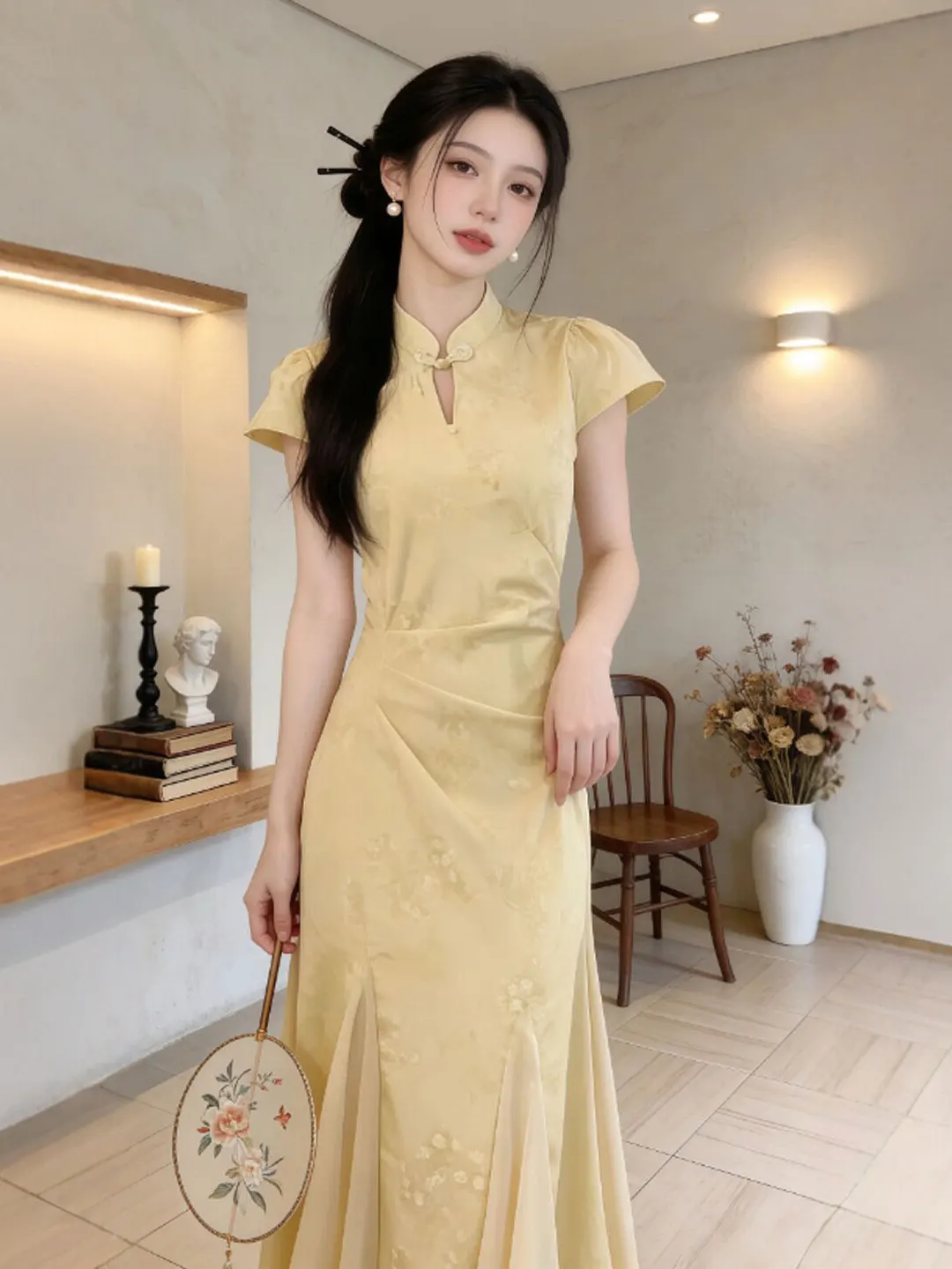 

Elegant Hollow out Waist Cinched Dress Gentle Style High Waist Cotton Short Sleeve Women's Fashion Summer Dress