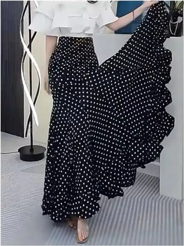Elegant Black Polka Dot Fish Tail Skirt Women's Summer New Lightweight Luxury Style Half Skirt Drapey Wrap around Skirt