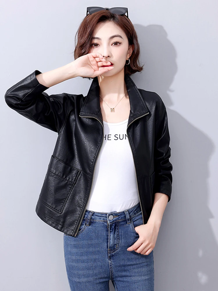 Giacca in Vera Pelle da Donna, Stile Corto, Nera, in Pelle di Pecora, Cappotto Primaverile Autunnale, Moda Hong Kong, Abbigliamento in Pelle di Piccole Dimensioni