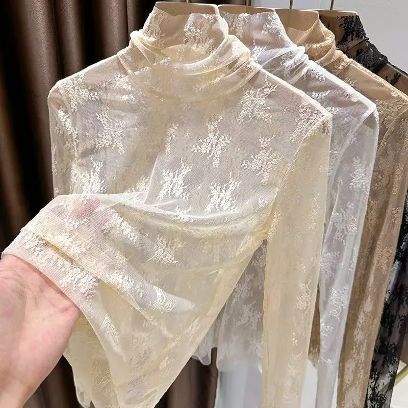 Sexy Women Long Sleeve Lace Blouses High Collar Inner Wear Lace Crochet T Shirt Base Tunic Top Perspective Vintage Bottom Blouse