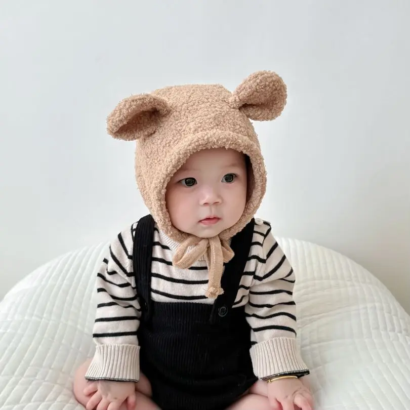 

Детская зимняя шапка с мультяшными ушками, из овечьей шерсти, для новорожденных, с защитой ушей, на всю голову, для улицы, ветрозащитная, теплая, с ушками-наушниками, для малышей