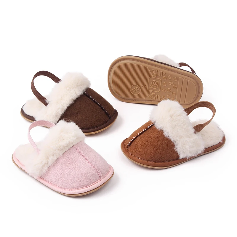 0-18M Pluizige Baby Slides Slippers Zacht Pluche Warme Antislip Huis Schoenen Voor Peuters Jongens Meisjes winter Indoor Outdoor