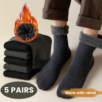 5 Pairs Men's Thick Warm Snow Hiking Socks For Cold Weather, Soft Comfortable Long Socks, Black, Winter