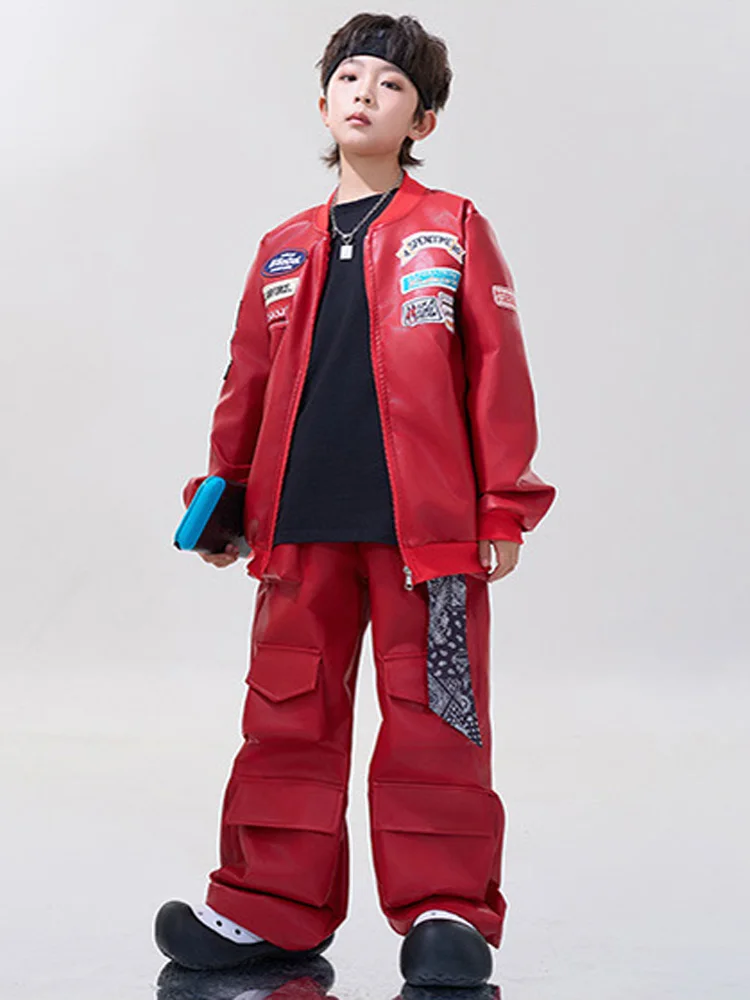 Boy Hip Hop Street Dance Performance Clothes Motorcycle Set Red Leather Tops Pants Girl Group Kpop Stage Costume