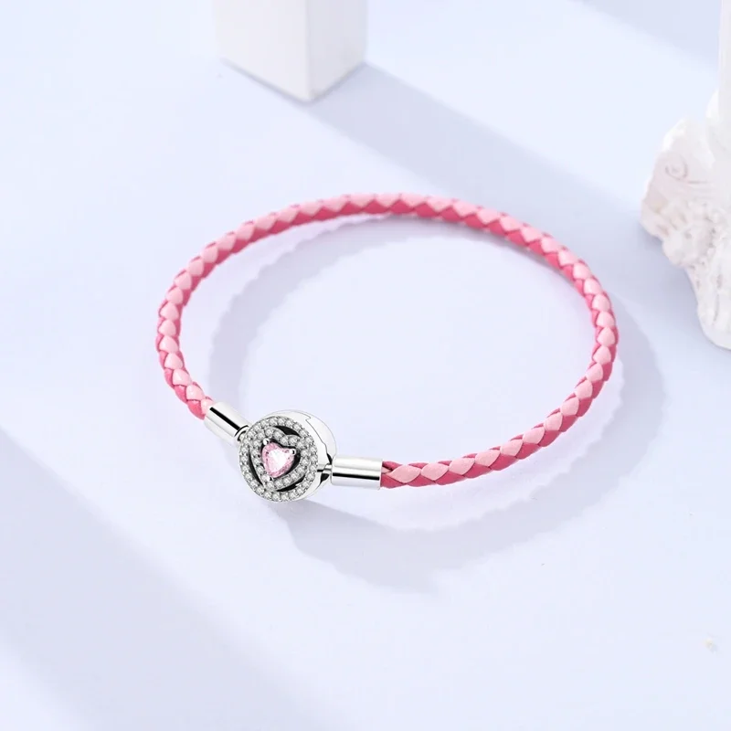 Sterling Silver 925 Romantic Pink Heart & Rose Valentine's Day Original Charming Bracelets for Women Fine Jewelry Gift