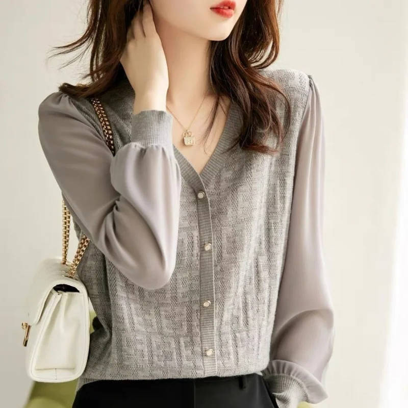 Korean Clothing Fashion Women Knitted Sweater Spring Autumn Patchwork Versatile V-Neck Long Sleeve Casual Simple Pullover Jumper