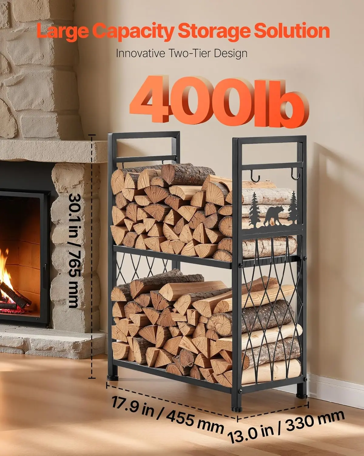 Indoor Firewood Storage - Heavy Duty 2-Tier Firewood Holder with Fireplace Tools, 400 lbs Weight Capacity