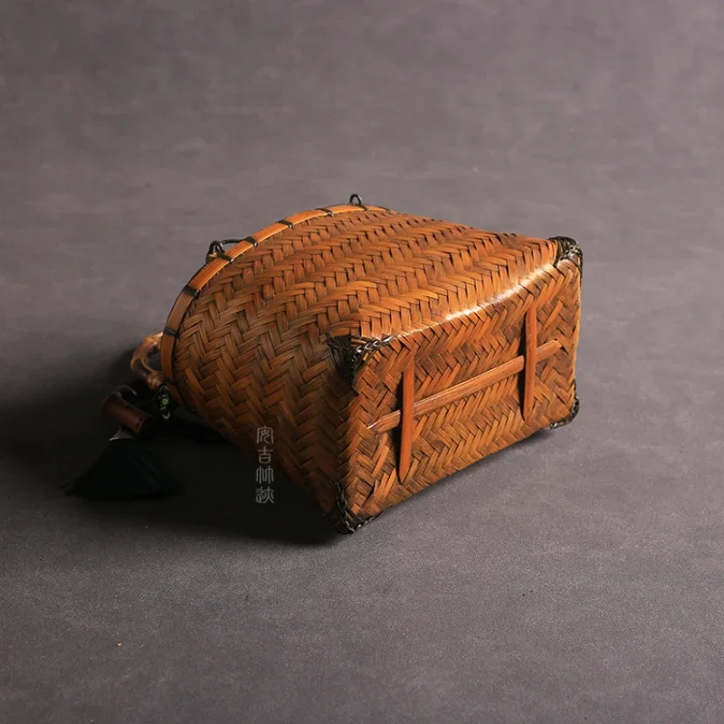 Retro Premium Woven Bag Tableware Storage Bundle Mouth Lining Style Handheld Basket Bamboo Women Bento Handle Organizer Pouch
