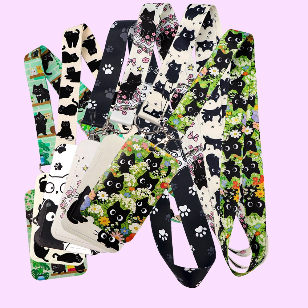 Black Cat Lanyard & Card Holder Combo Set Cartoon Cat Printed Neck Strap Badge Case Birthday Friendship Gift for Cat Pet Owners