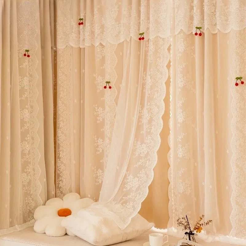 Luxury French Double Layer Lace Blackout Curtains for Bedroom Girl Bay Window Small Window No Punch Velcro Stickers Window Drape
