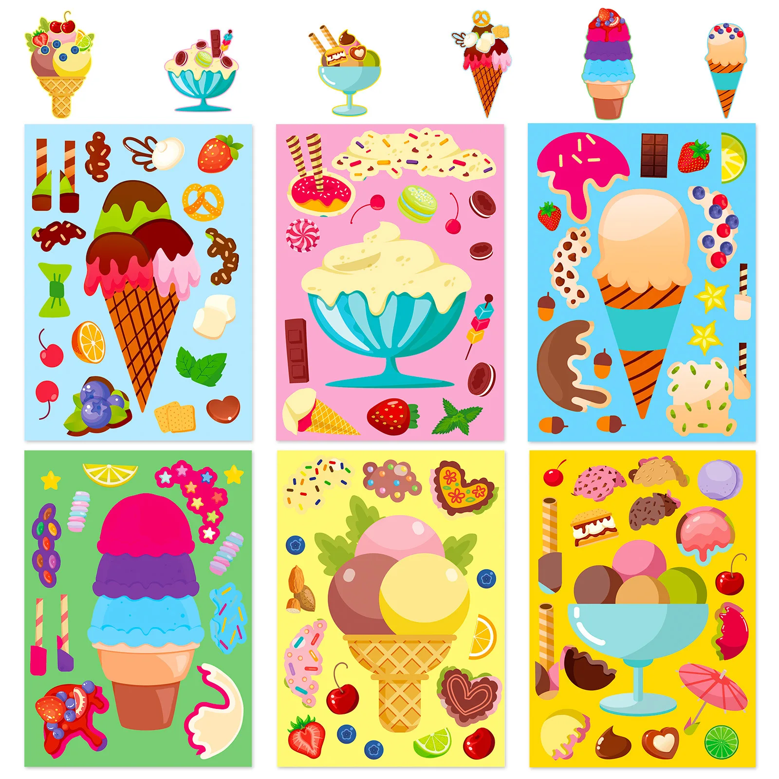 6/12/18PCS Ice Cream Dessert Puzzle Sticker DIY Cute Food Cartoon Sweetener Face Changing Sticker for Kids