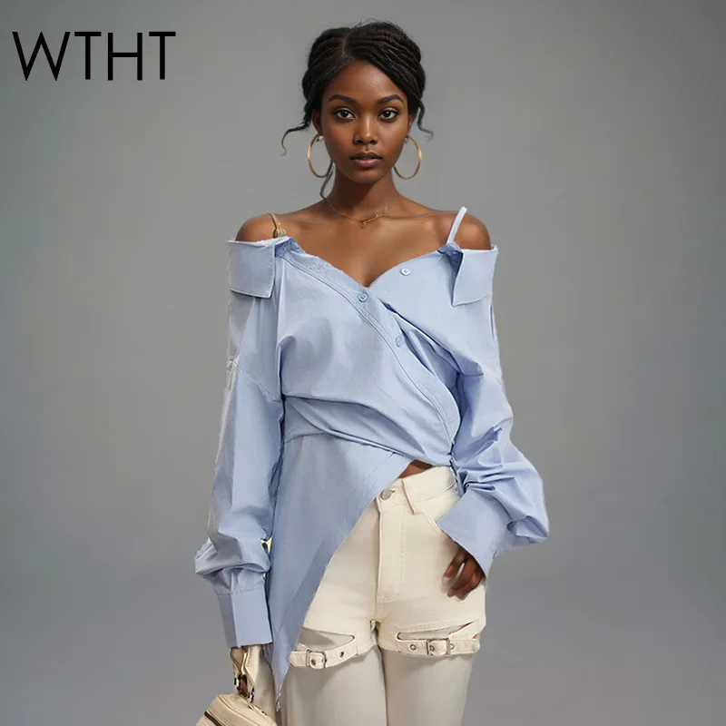 

WTHT Fashion Women's Irregular Slash Neck Solid Color Shirts Trendy Bandage Hip-wrapping Hot Shorts Female 2025 Summer 1LS1899