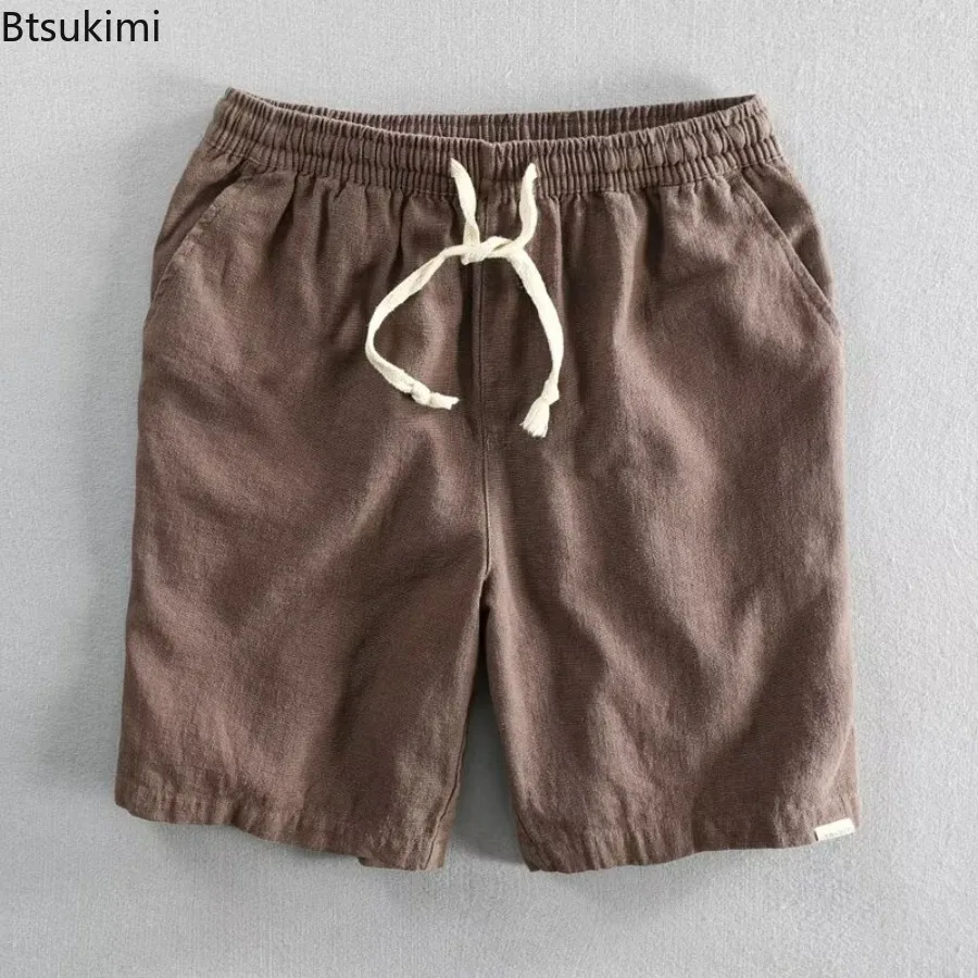 2025 Men's Summer Casual Cotton Linen Shorts Knee Length Beach Elastic Waist Shorts for Men Solid Color Comfortable Pants Male