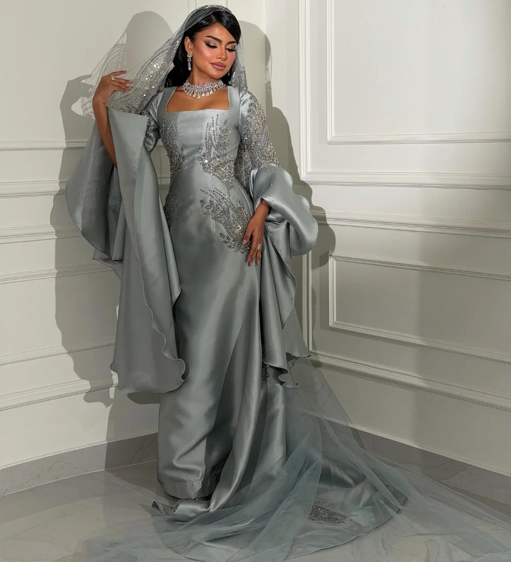 Customized Elegant Charmeuse Pleat Pattern Sequined Mermaid Square Neck Long Bespoke Occasion Evening Dresses