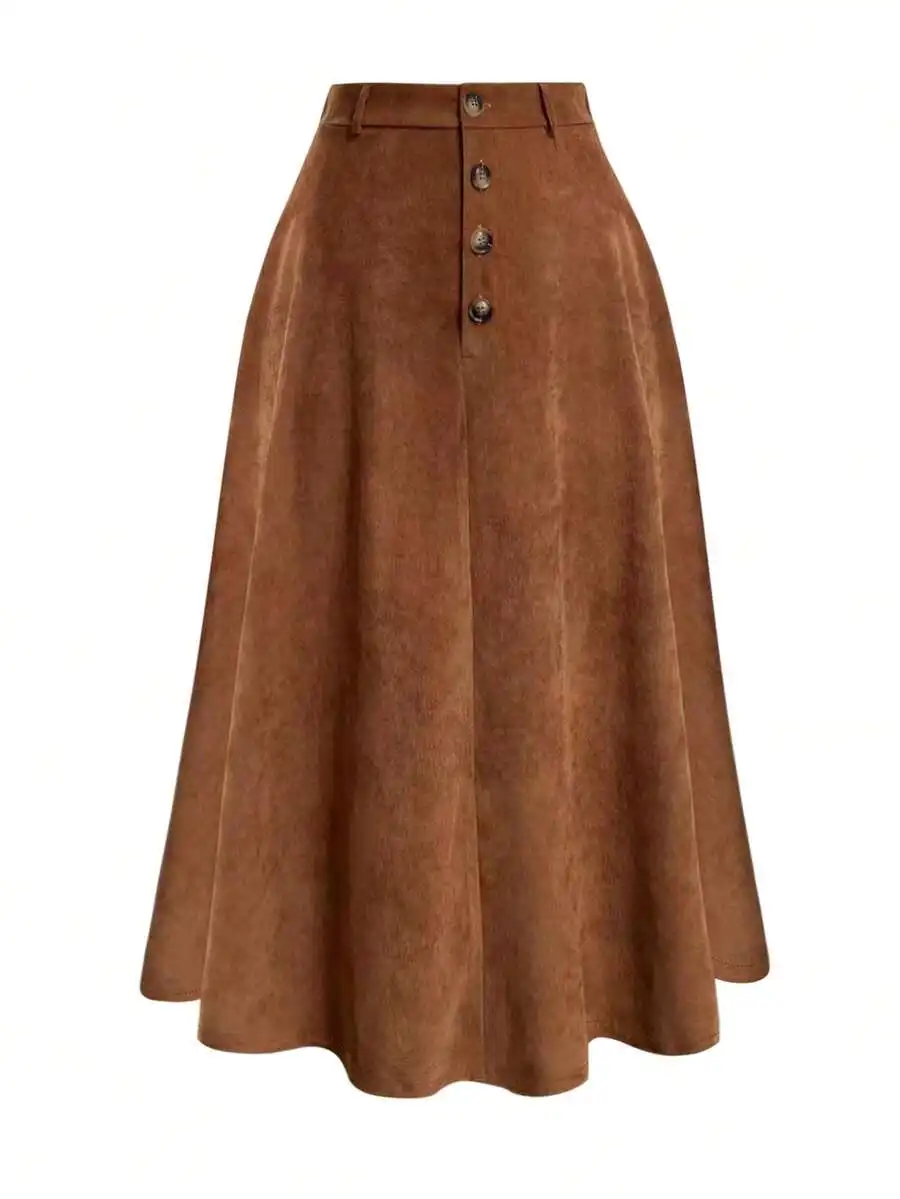 

Women's High Waist A-Line Skirt with Front Button Detail, Suede-Like Fabric