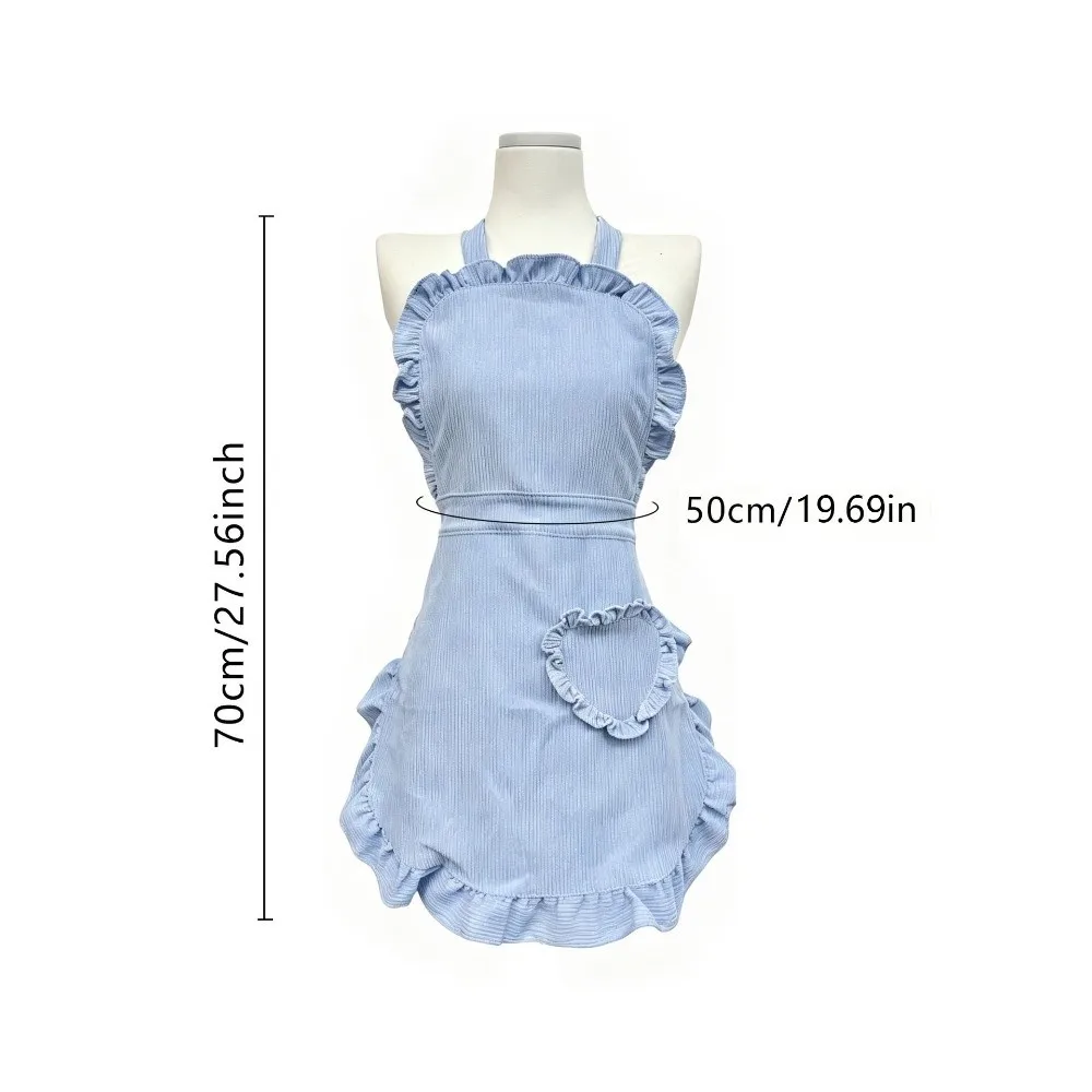 Heart-Shaped Pocket Ruffled Corduroy Apron Ruffle Trim Plain Design Princess Cosplay Apron Bow Decoration Sleeveless Style