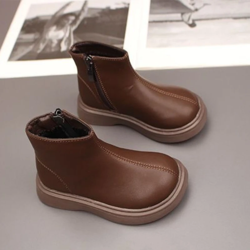 

2026 New Kids Waterproof Leather Look Boots Warm Fleece Lined Casual Shoes for Boys Girls Autumn Winter Fashion