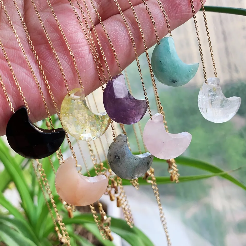 Minimalist Natural Crystal Necklace for Women Lovely Small Moon Charm Citrines Purple Crystal Crescent Pendant Tiny Chain Choker