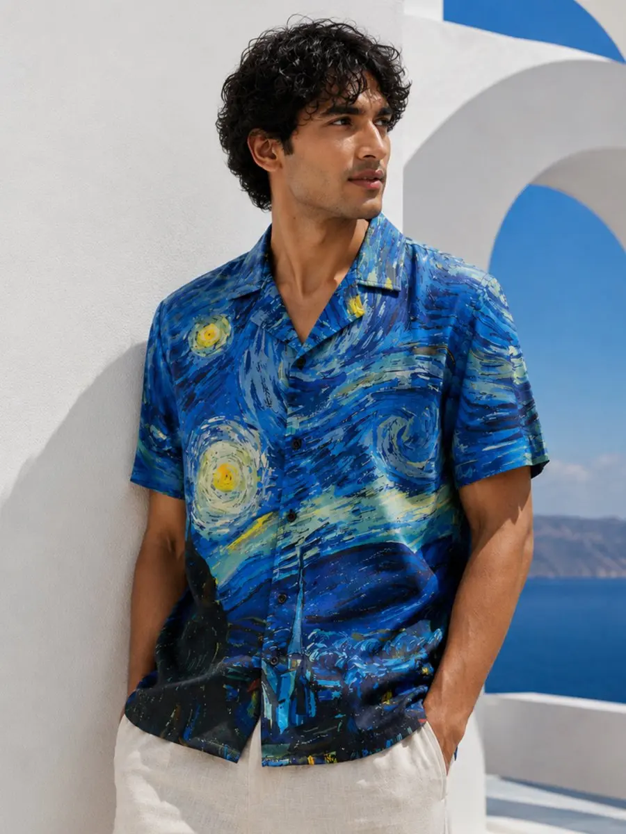 Men's Summer Short Sleeved Hawaiian Shirt Van Gogh Starry Night Print Camping Collar Beach Casual Loose Retro