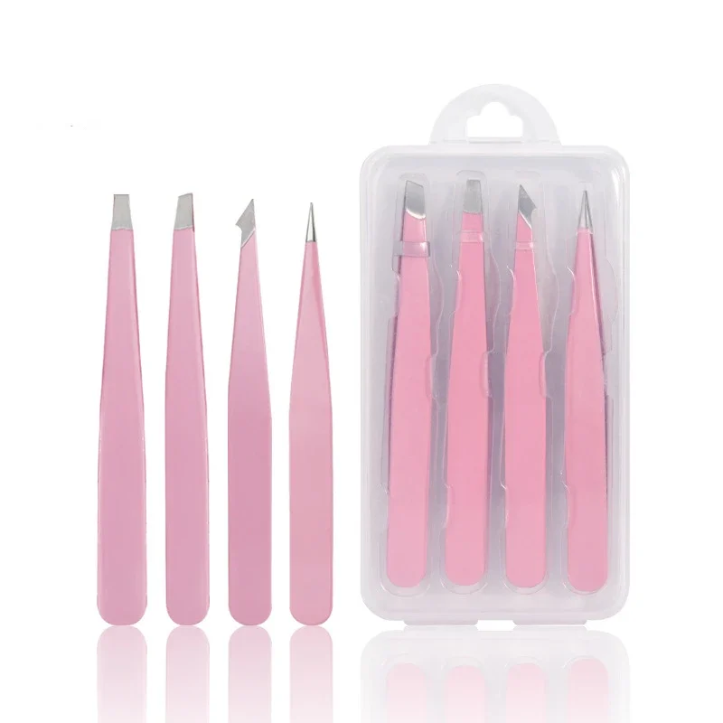 Roze 2/4 Stuks Hoge Kwaliteit Wenkbrauw Pincet Haar Schoonheid Fijne Haren Trekker Rvs Schuine Wenkbrauw Clips Make-Up Tools