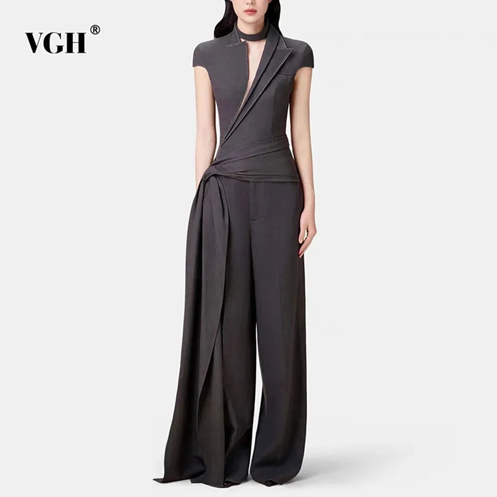

VGH Solid Elegant Two Piece Sets For Women Deep V Neck Short Sleeve Folds Top High Waist Trousers Casual Set Female Fasion New