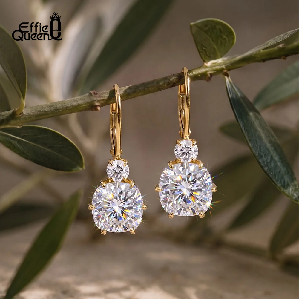Effie Queen 925 Sterling Silver Sparkling Moissanite Drop Earrings Classic Minimalist For Women Wedding Jewelry Gift SMOE31