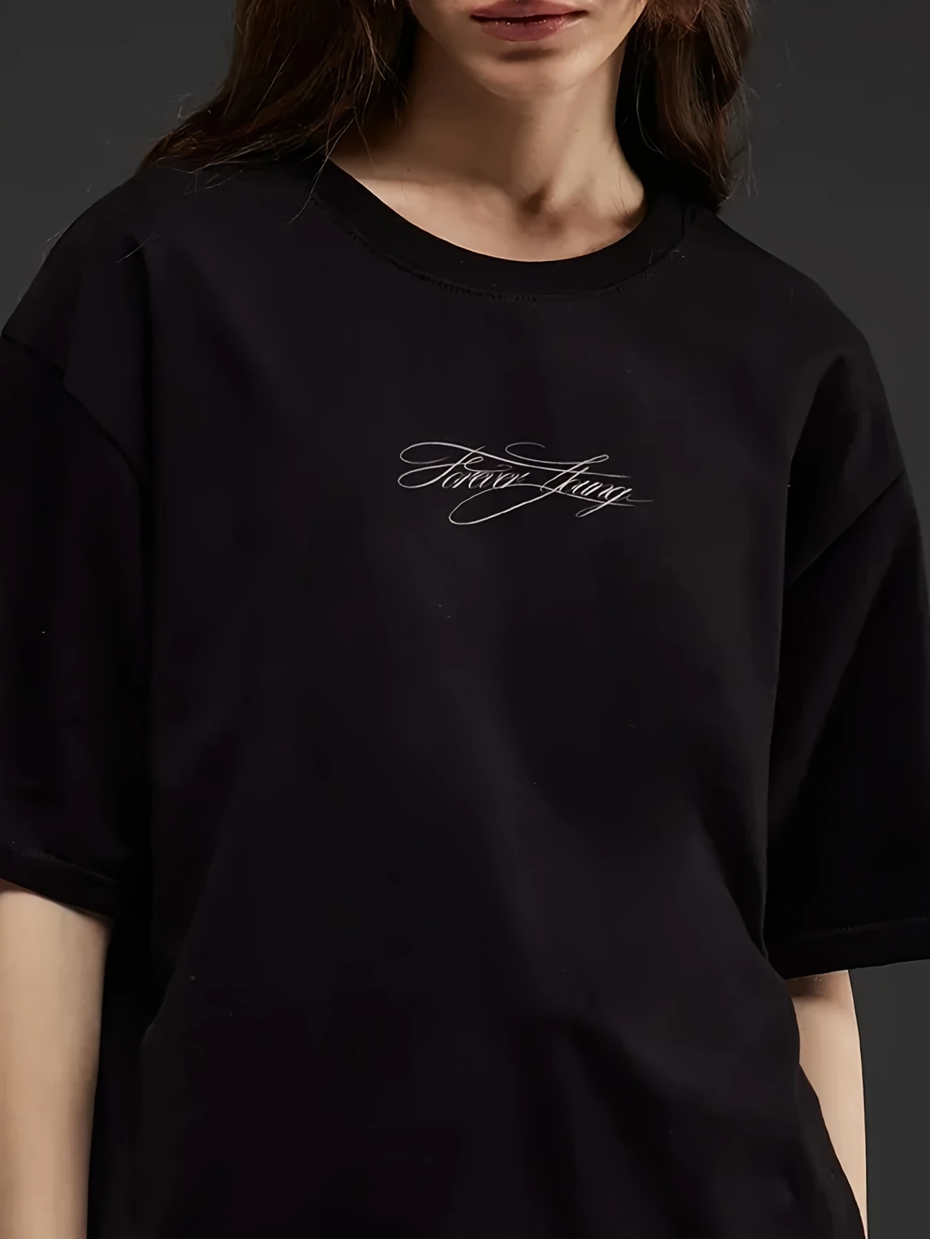 Street Fashion Essential! Minimalist Floral Font Print Short-Sleeved Black Loose and T-Shirt