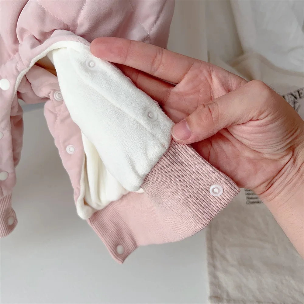 Baby Girls Romper Cute Rabbit Embroidery Ruffle Lace Warm Padded Jumpsuit For Winter Soft Velvet Infant Outfits 3-24 Months