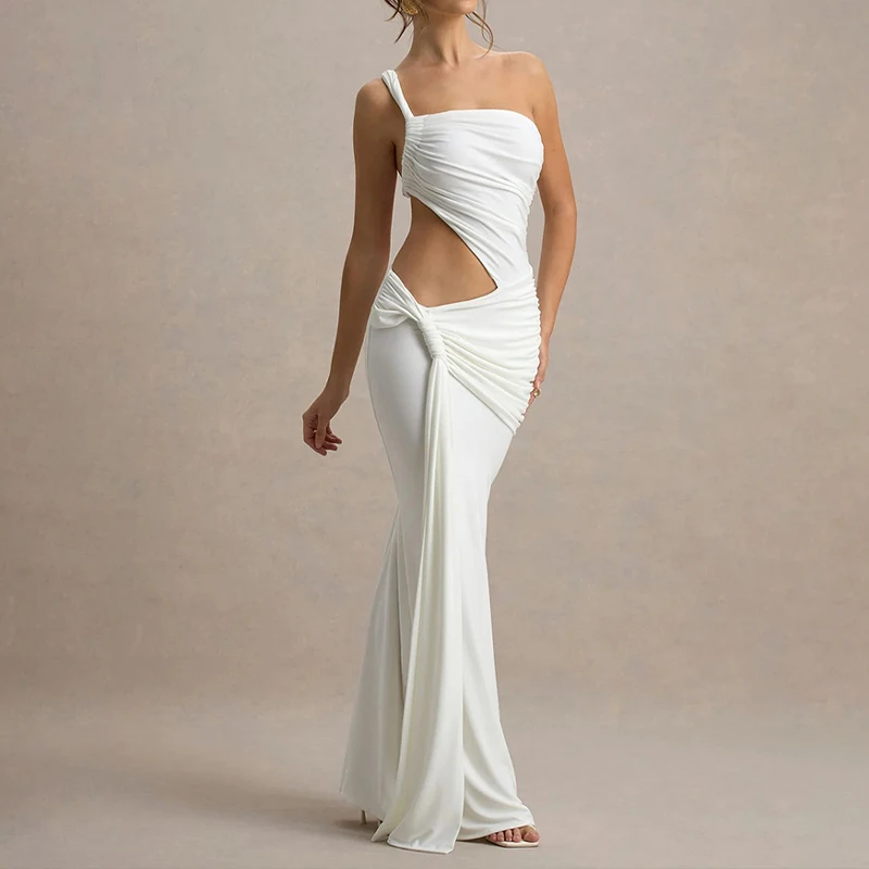 BKLD un hombro asimétrico sin mangas sin espalda Color sólido moda Sexy ceñido al cuerpo cintura fruncida recortado paquete caderas vestidos largos